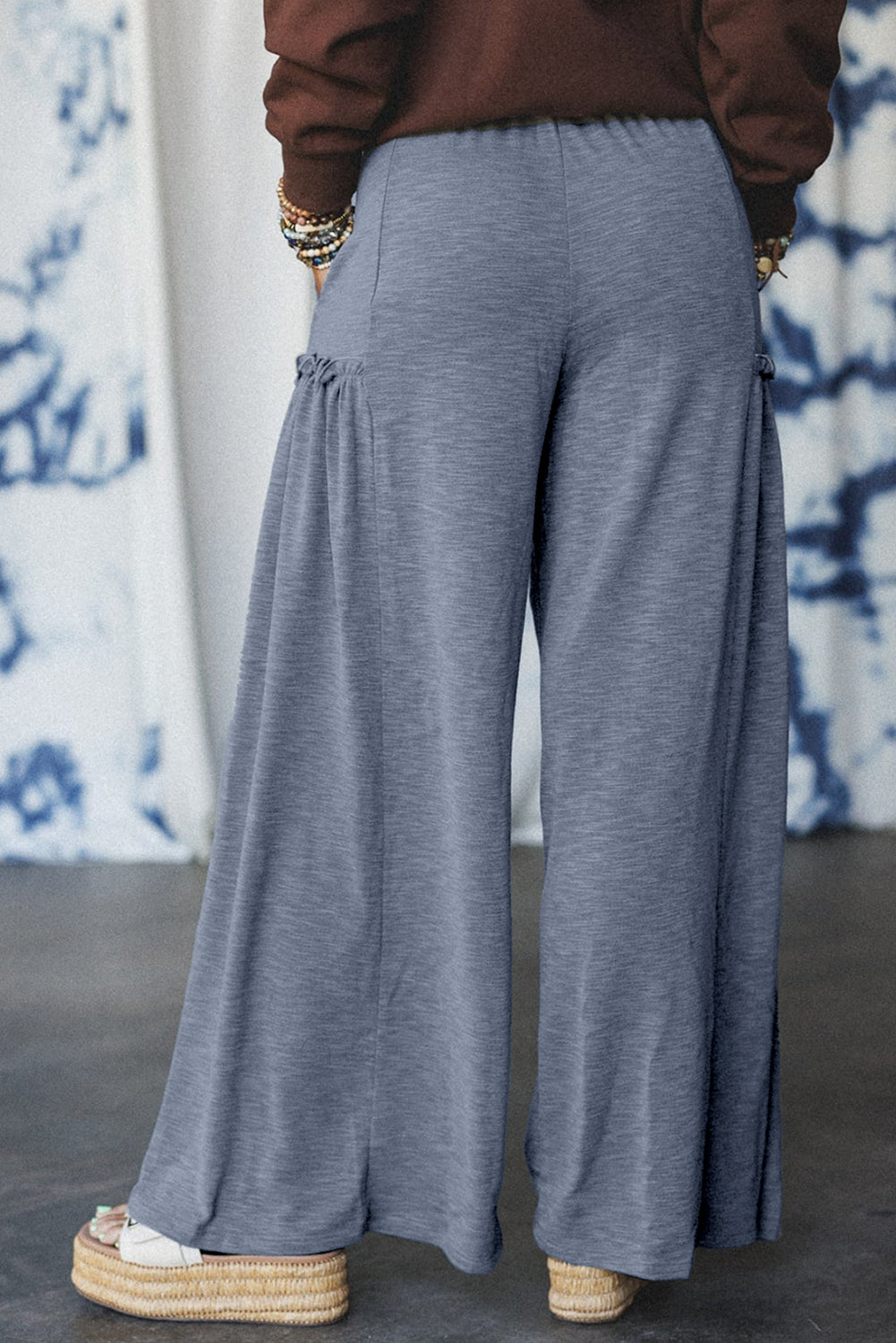 High Frilled Detail Wide Leg Drawstring Elastic Waistband Pants
