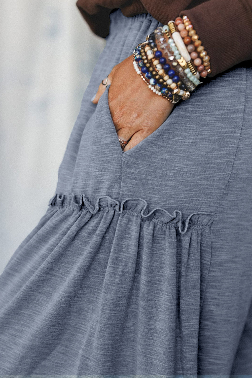 High Frilled Detail Wide Leg Drawstring Elastic Waistband Pants