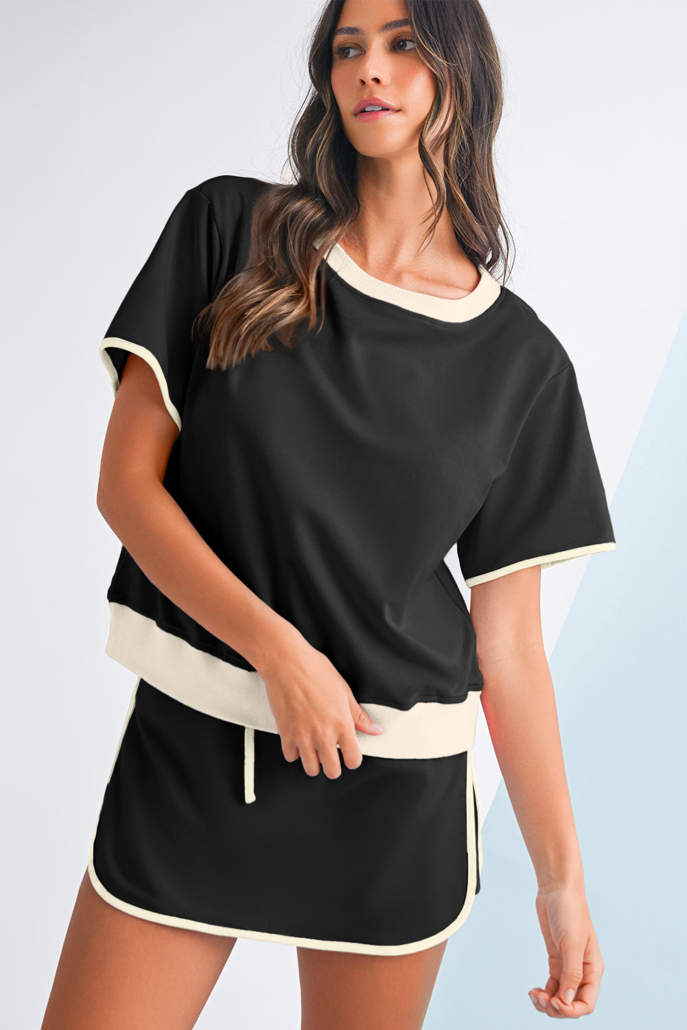 Black Colorblock Edge Drop Shoulder T Shirt and Skort Set