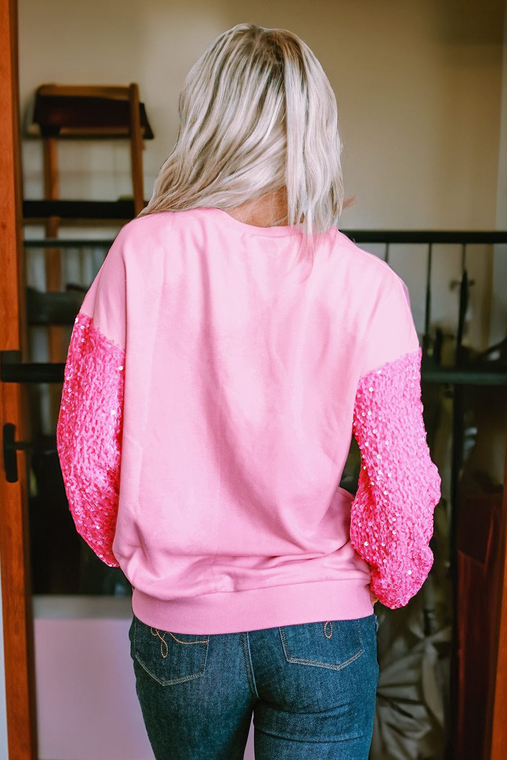 Pink Thanksgiving Halloween Pumpkin Pattern Sequin Sleeve Patchwork Pullover Top