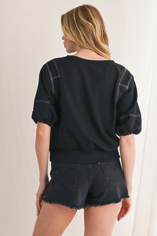 Black Half Puff Sleeve Round Neck Casual Blouse