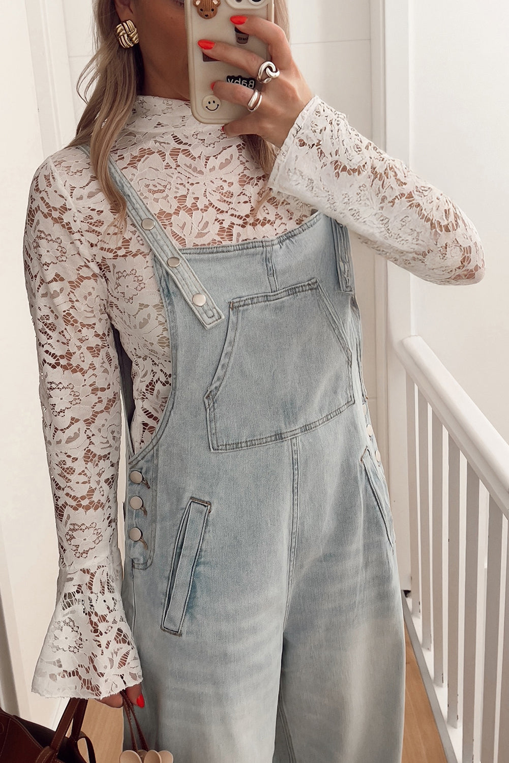 White Lace Crochet Bell Sleeve Mock Neck Blouse