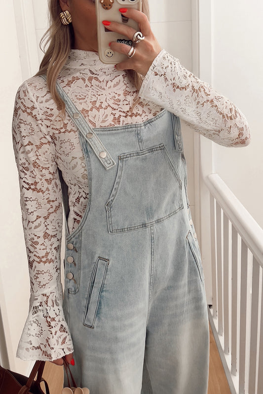 White Lace Crochet Bell Sleeve Mock Neck Blouse