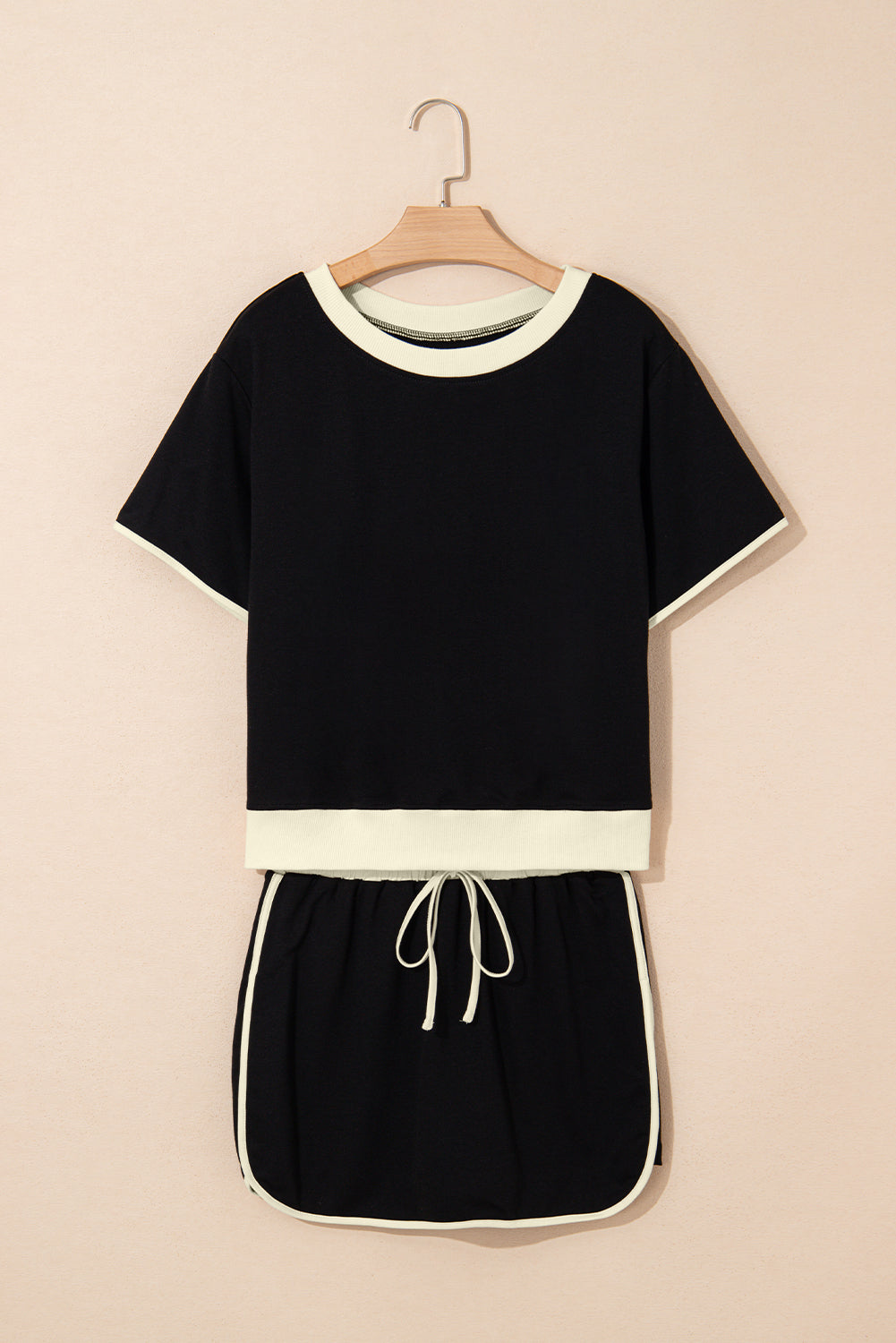 Black Colorblock Edge Drop Shoulder T Shirt and Skort Set