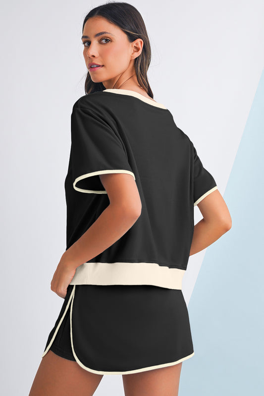 Black Colorblock Edge Drop Shoulder T Shirt and Skort Set