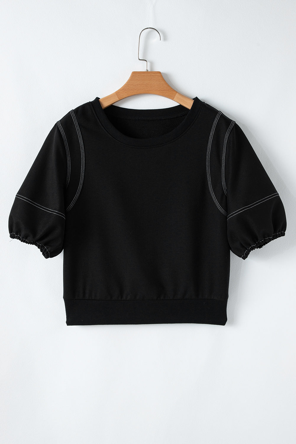 Black Half Puff Sleeve Round Neck Casual Blouse