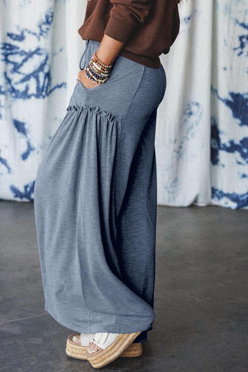 High Frilled Detail Wide Leg Drawstring Elastic Waistband Pants