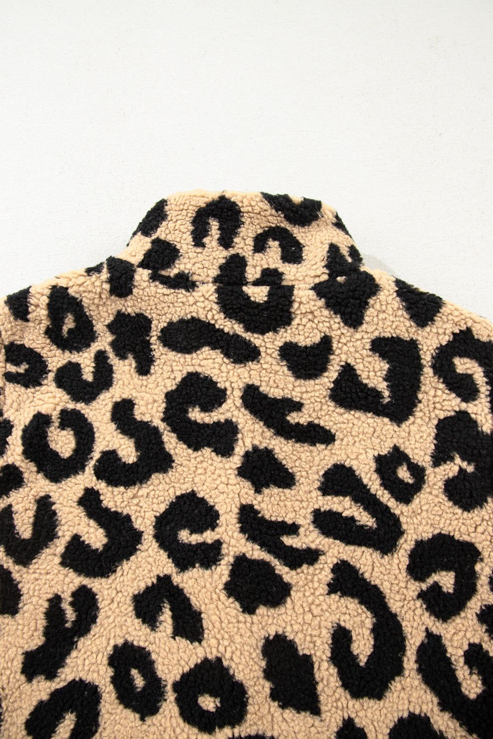 Khaki Leopard Sherpa Button Front Collared Plus Size Vest Jacket