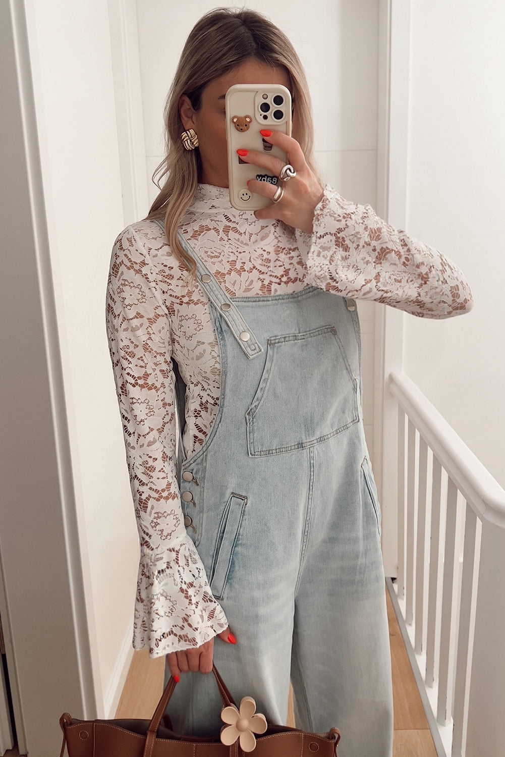 White Lace Crochet Bell Sleeve Mock Neck Blouse