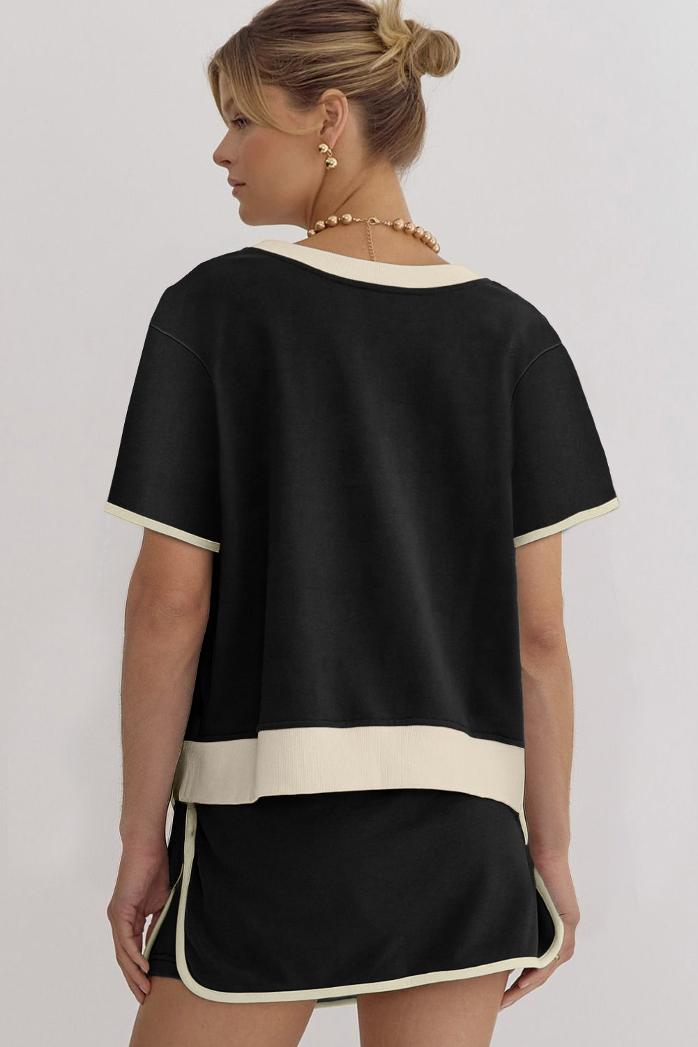Black Colorblock Edge Drop Shoulder T Shirt and Skort Set