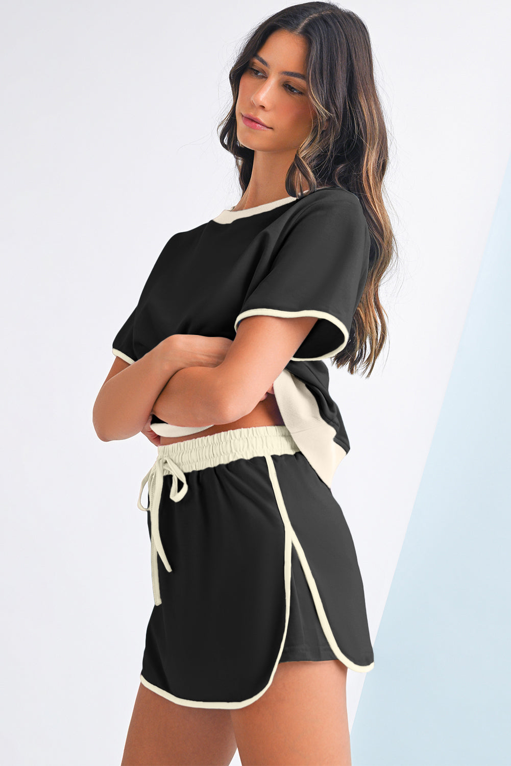 Black Colorblock Edge Drop Shoulder T Shirt and Skort Set