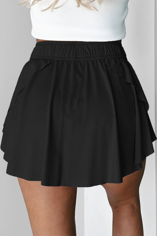 Black Drawstring High Waist Lined Tennis Skort