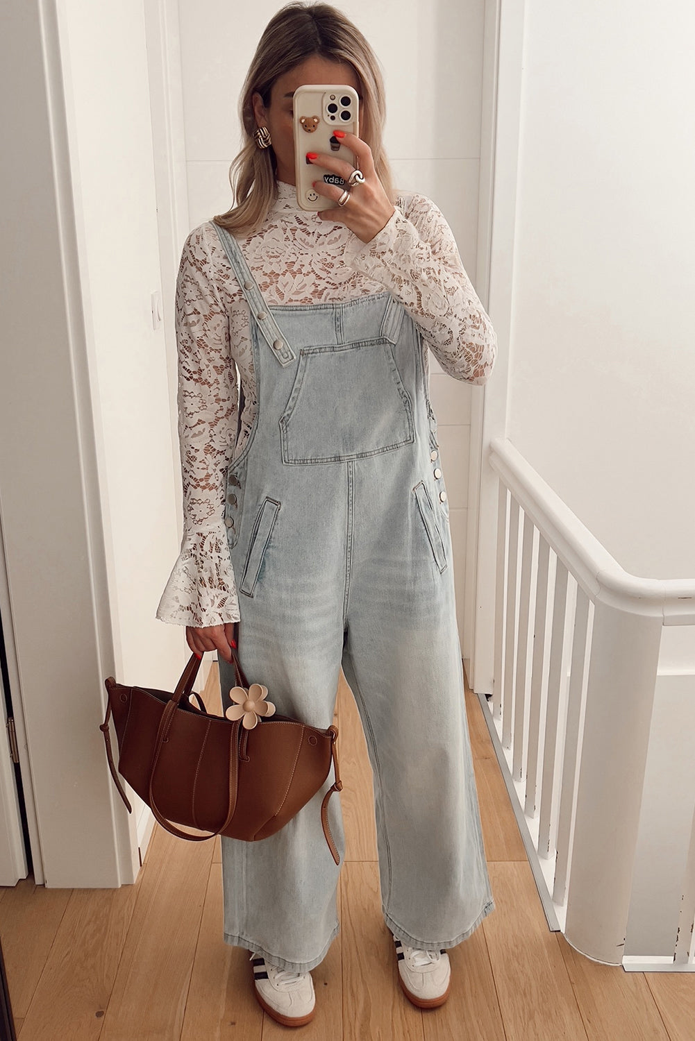 White Lace Crochet Bell Sleeve Mock Neck Blouse