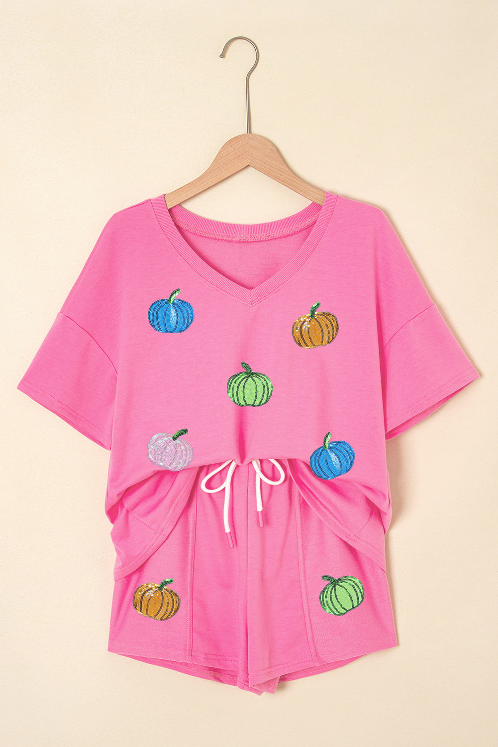 Bonbon Sequin Halloween Pumpkin Pattern V Neck Tee and Drawstring Shorts Set